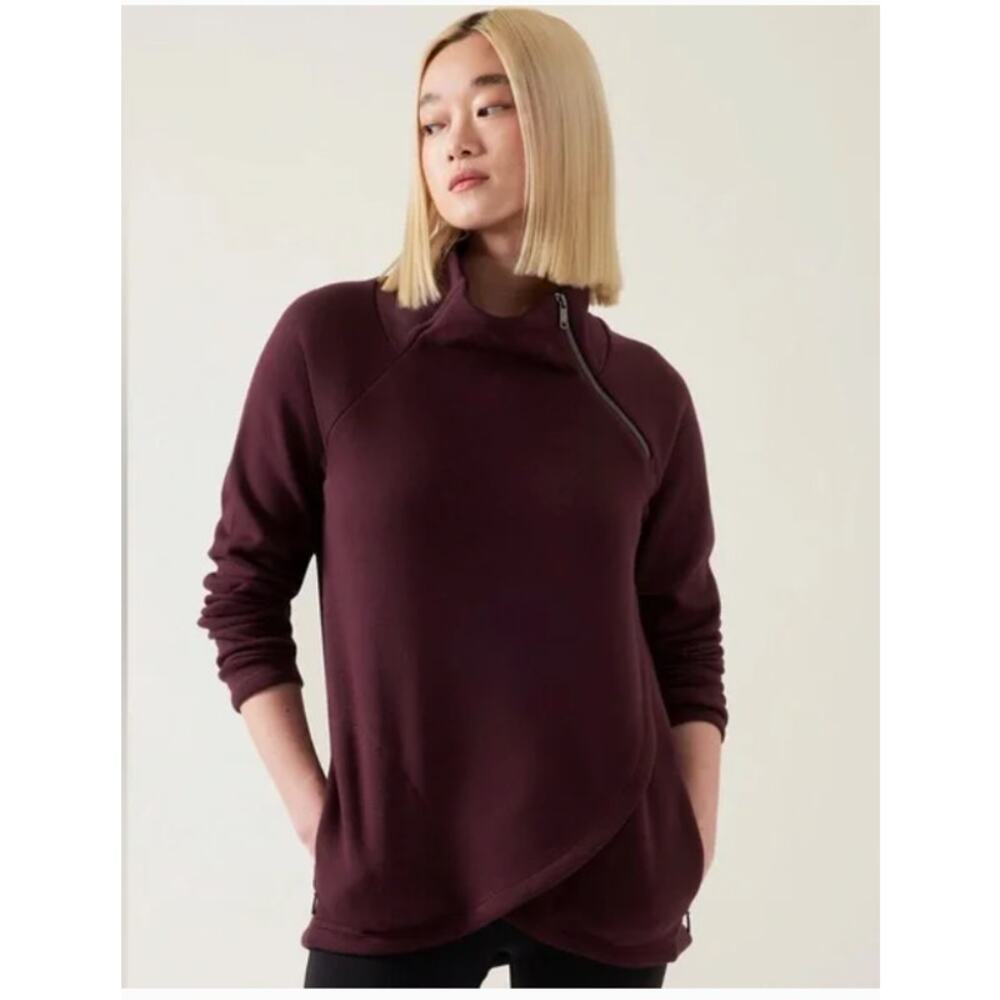 Athleta Sweater Size XL Cozy Karma Asym Pullover Burgundy Purple Mock Neck Zip